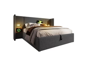 Lit double 160x200 cm avec matelas inclus, rangements, table de nuit, lampe tactile, ports usb-c, sommier en bois