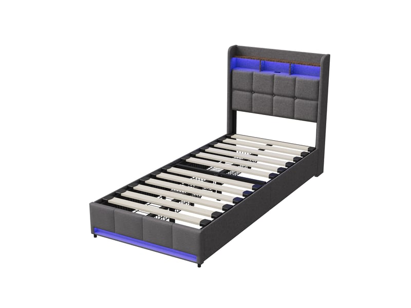 Lit simple de rangement 90x200cm avec éclairage led et port usb, 2 tiroirs, design moderne,gris - Conforama A