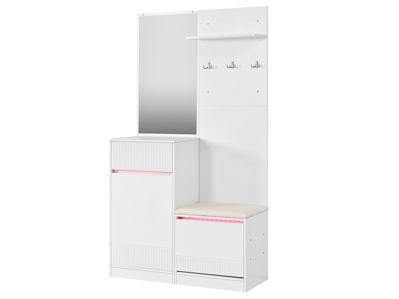 Meuble d'entrée avec miroir, banc, rangement chaussures, crochets et éclairage led en mdf blanc 105 × 38 × 190 cm - Conforama A