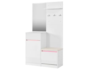 Meuble d'entrée avec miroir, banc, rangement chaussures, crochets et éclairage led en mdf blanc 105 × 38 × 190 cm