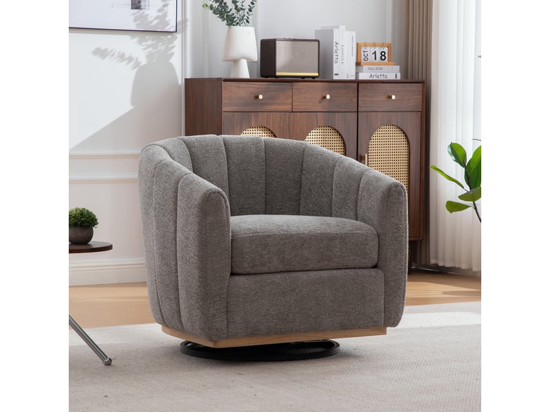  Fauteuil lounge pivotant avec repose-pieds en chenille gris – 81 x 73 x 75,5 cm Fay Lum - Conforama B