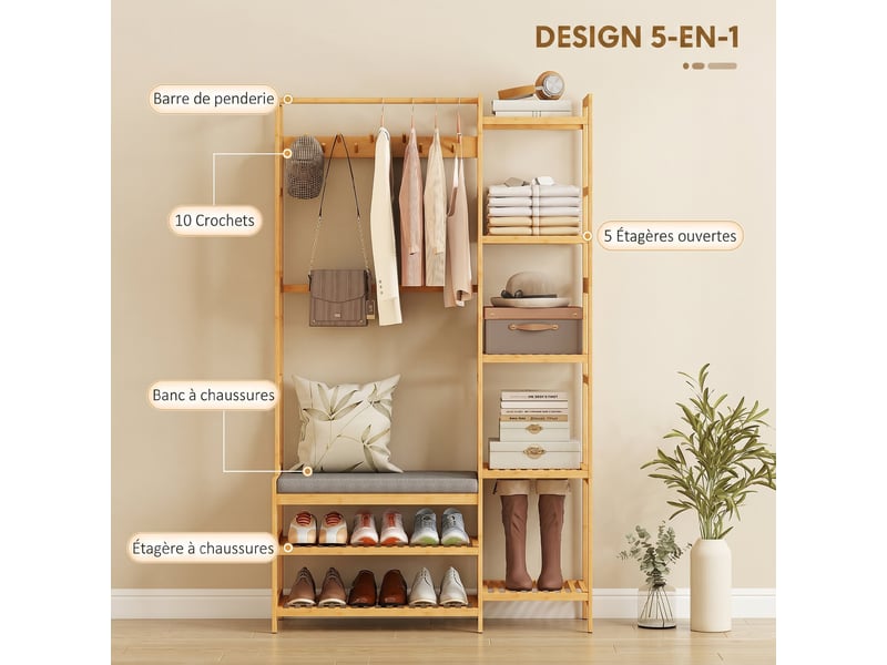  Meuble d'entrée en bambou, vestiaire d'entrée, banc, assise rembourrée, 10 crochets, tringle, 104x33x175cm, naturel  - Conforama D