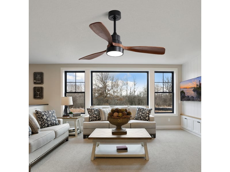  Ventilateur de plafond 122 cm, 3 pales en bois massif, moteur dc réversible, télécommande  - Conforama E