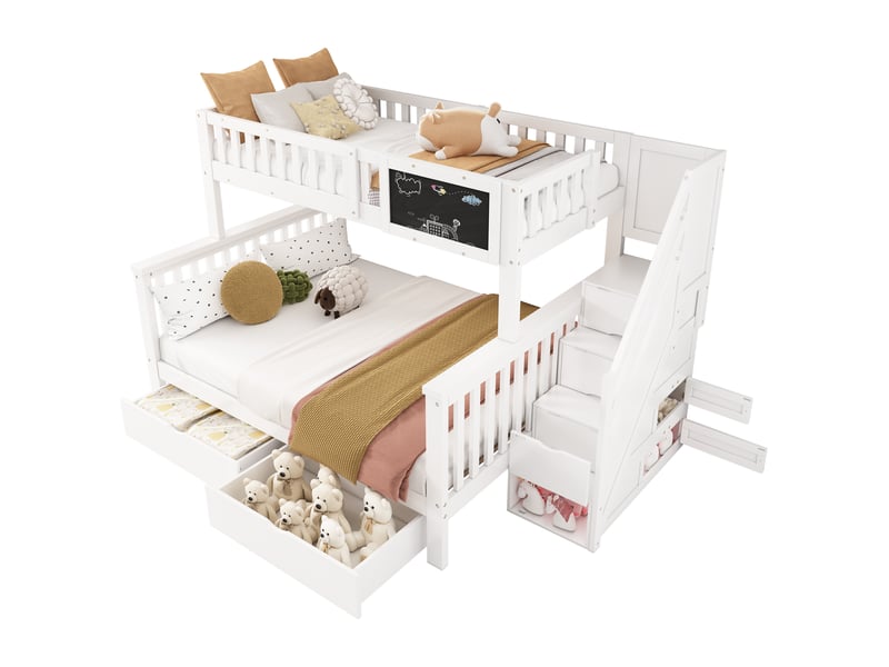  Lit superposé enfant, lit double, lit enfant multifonctionnel, avec tableau noir et tiroirs, sans matelas, blanc, 90*200+140*200  - Conforama A