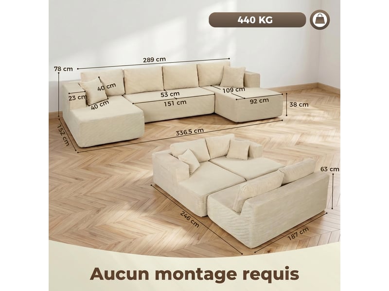 Canapé modulaire en u compressé 337 cm, canapé convertible 4 places en velours côtelé, crème, assise large - Conforama C