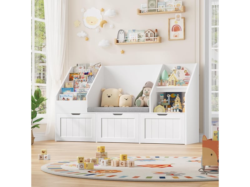  Meuble rangement enfant bibliothèque enfant avec banc 9 étagères 3 tiroirs roulants coussin amovible rangement jouet 140x39.5x80cm blanc  - Conforama B