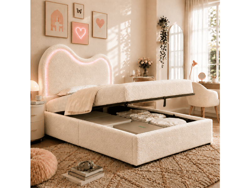  Lit enfant 90x200 cm en bouclé blanc avec rangement hydraulique et sommier  - Conforama B
