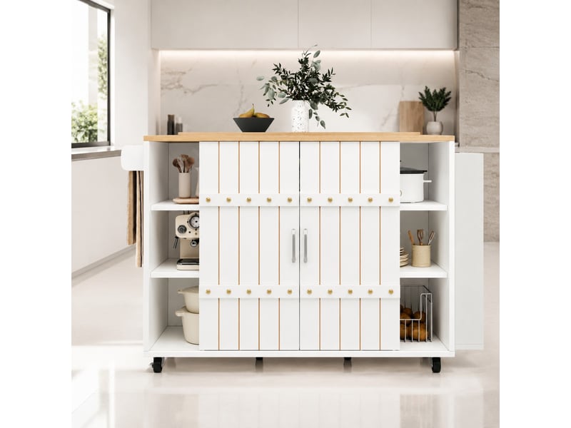  Desserte de cuisine avec 2 portes coulissantes, 3 tiroirs, plateau rabattable et roulettes pour cuisine, 110×42×90 cm  - Conforama B