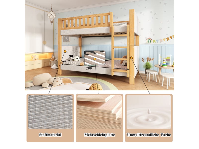  Lit superposé enfant 90×200 cm avec barrière, escalier 4 marches et bords antichoc  - sans matelas, bois gris  - Conforama E