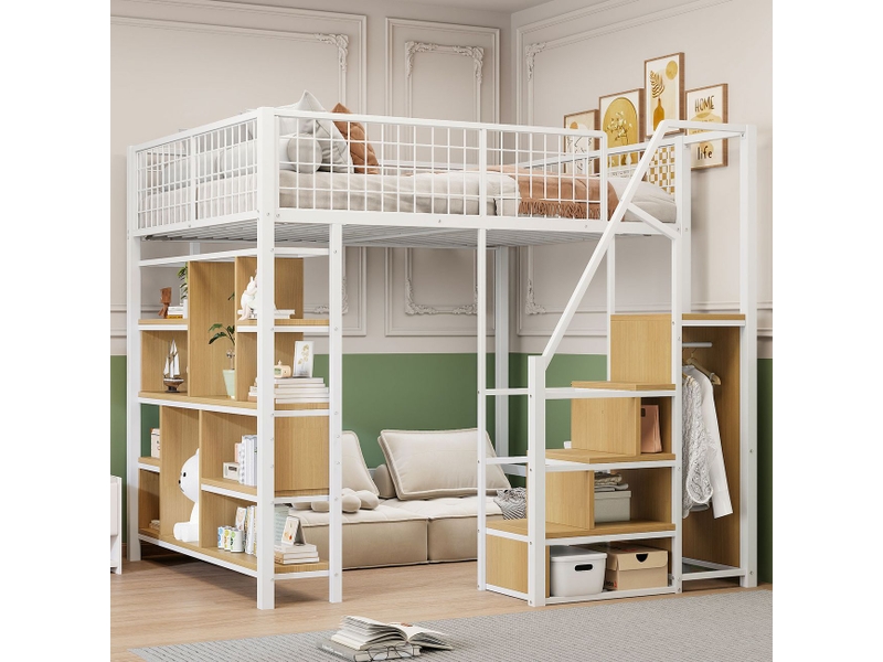  Lit mezzanine 140x200 cm - escalier avec rangements - lit double - avec étagères - barrières de sécurité - lit ado - blanc  - Conforama B