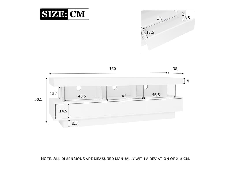 Meuble tv blanc laqué, meuble tv pour écran 70 pouces avec led, meuble tv 160 cm, panneau de particules, blanc  - Conforama C