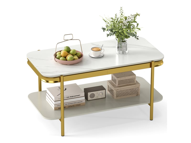  Entretien facile, table basse rectangulaire 2 niveaux avec plateau en pierre frittée et étagère en métal  - Conforama A