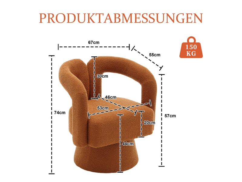  Fauteuil crapaud pivotant 360° 67x55x74cm – fauteuil tonneau lounge au design évidé avec socle en métal – tissu bouclé - orange  - Conforama C