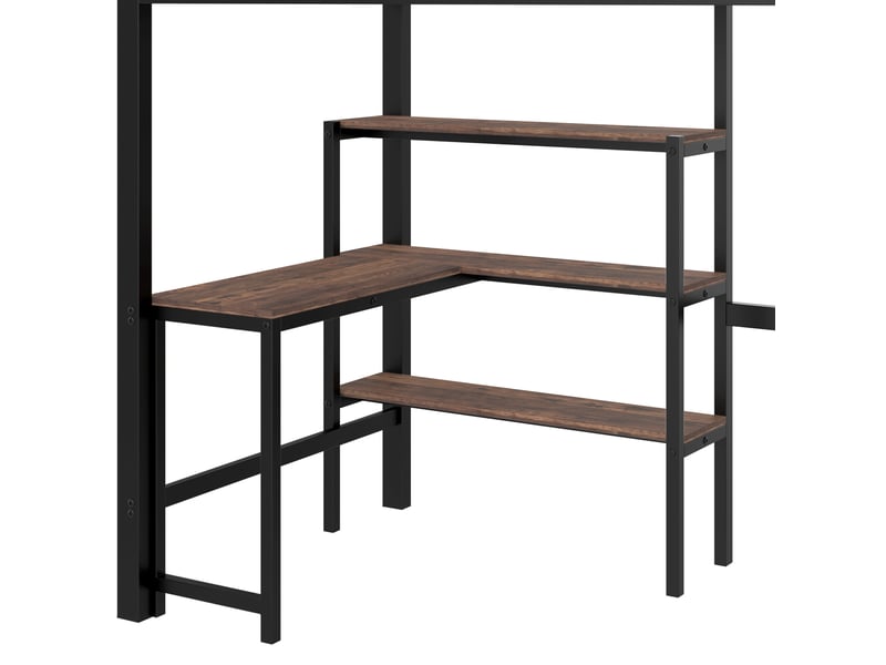  Lit mezzanine 90 x 200 cm avec bureau, armoire, étagères et échelle avec rangement, métal et mdf, noir et marron Fay Lum - Conforama D