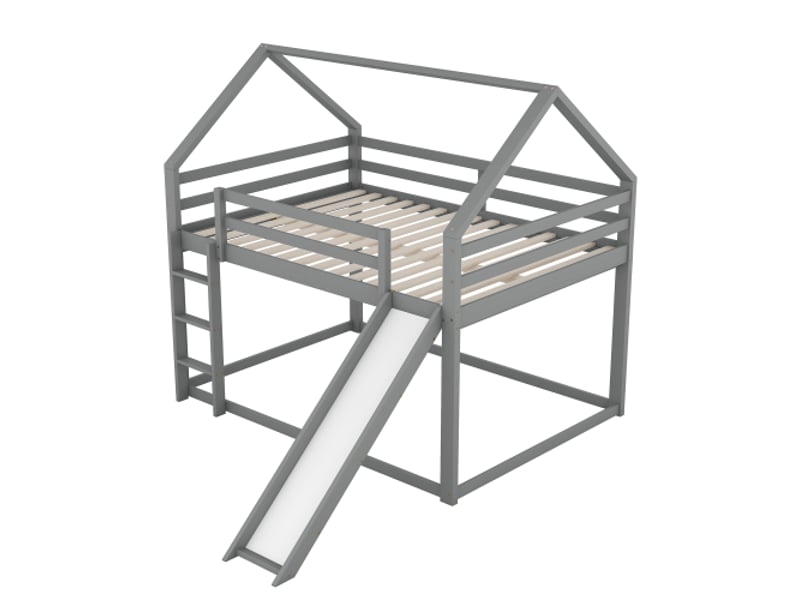 Lit superposé enfant 140x200 avec toboggan et échelle, en pin, charge de 150 kg, protection antichute, gris, sans matelas - Conforama R