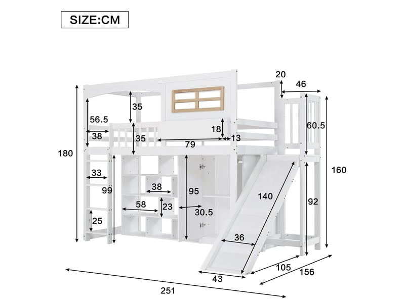  Lit mezzanine enfant 90 x 200 cm avec toboggan, armoire et étagères blanc naturel  - Conforama C