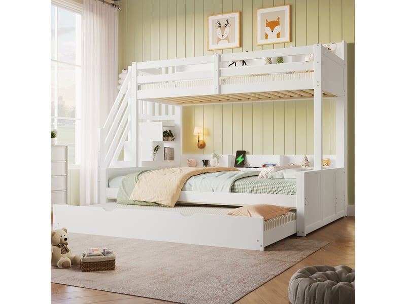 Lit superposé 90 × 200 cm et 140 × 200 cm, 4 places avec lit gigogne 90 × 190 cm, usb, rangements, sans matelas - Conforama C