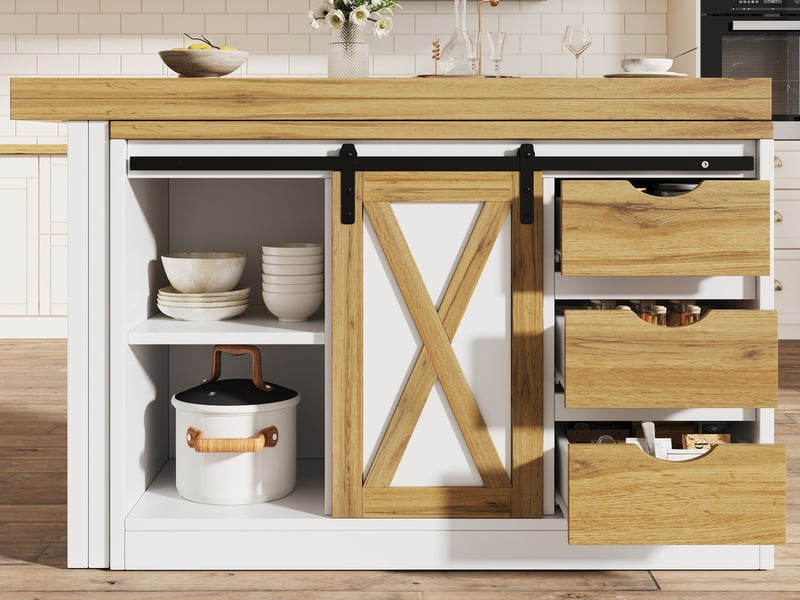 Îlot de cuisine multifonction avec table extensible, portes style grange, tiroirs et porte-bouteilles amovible, 120-197 cm - Conforama B