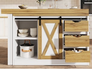 Îlot de cuisine multifonction avec table extensible, portes style grange, tiroirs et porte-bouteilles amovible, 120-197 cm