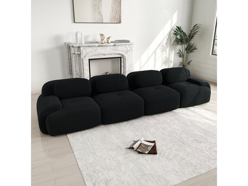  Canapé modulaire 4 places en velours côtelé avec assise 32d, structure sans cadre et base antidérapante, noir  - Conforama C