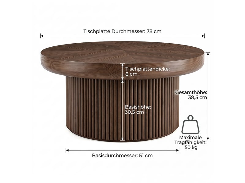  Table basse ronde 78x78x38,5 cm - avec plateau en parquet de bois véritable enchâssé et piétement tambour cannelé – mdf - noyer  - Conforama C