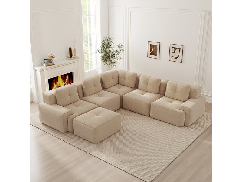 Canapé d’angle modulable 5 places en velours côtelé beige 295x295 cm - Conforama B