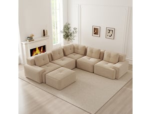 Canapé d'angle compressé panoramique fixe <strong>MAISENTIEL</strong> <strong></strong> 5 places Velours côtelé Beige