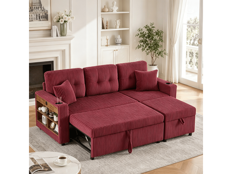  Canapé de salon, canapé velours – en velours tricoté, avec accoudoirs, port usb, avec rangement, lit gigogne, porte-gobelets  - Conforama A