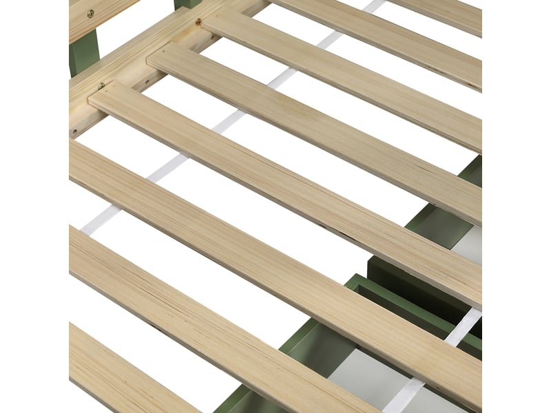 Lit 1 place 90x200cm, lit enfant avec 2 tiroirs, fenêtre et sommier, lit maison, pin+mdf, vert+naturel, sans matelas - Conforama R