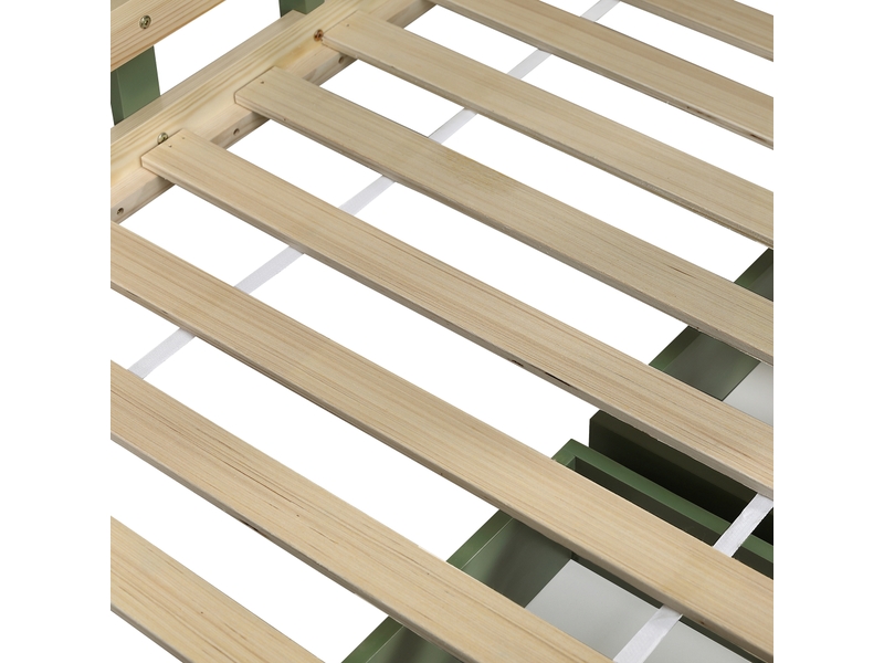  Lit 1 place 90x200cm, lit enfant avec 2 tiroirs, fenêtre et sommier, lit maison, pin+mdf, vert+naturel, sans matelas  - Conforama R