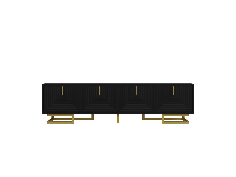  Meuble tv 160 x 38 x 44,5 cm, 4 portes texturées, étagères, fermeture amortie, pieds réglables, noir et doré, en panneaux de particules ABC - Conforama A