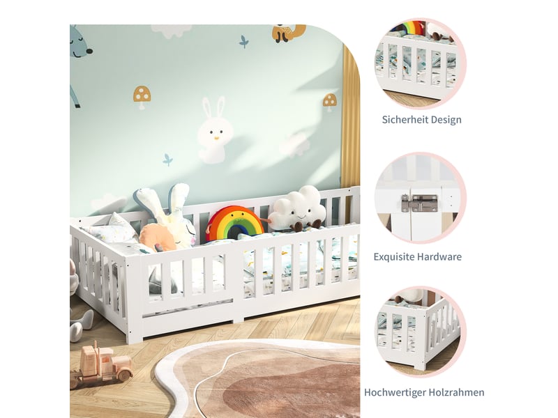  Lit au sol enfant 90x200, lit montessori au sol en bois massif avec barrière de sécurité et sommier à lattes  - Conforama D