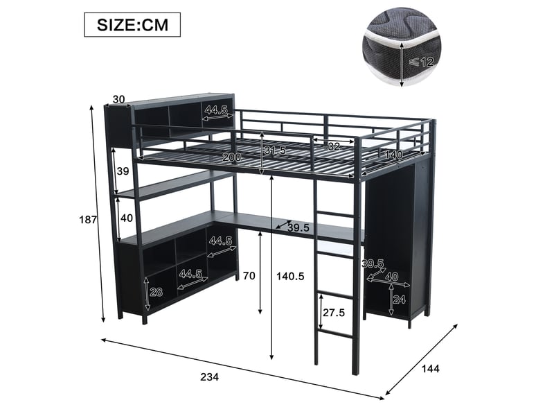  Lit mezzanine 140x200 cm, lit enfant avec armoire, bureau et rangement, structure de lit, métal pb, noir, sans matelas  - Conforama C