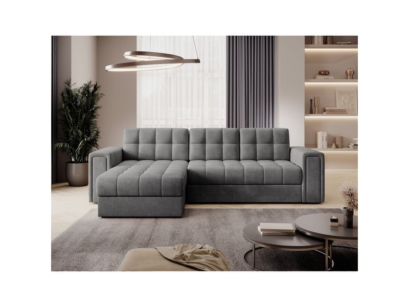 Canapé d'angle convertible kapitara gris capitonné réversible avec coffre de rangement - Conforama C