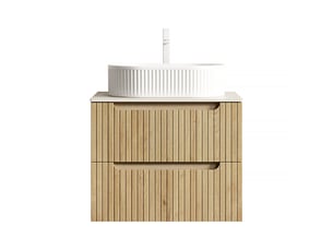 Meuble vasque suspendu 2 tiroirs amortis - vasque ovale, céramique, chêne blanc 60 × 46 × 62,2 cm