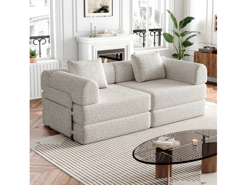  Canapé convertible modulable 2 places avec rangements d'accoudoirs et structure en acier, chenille kaki  - Conforama B