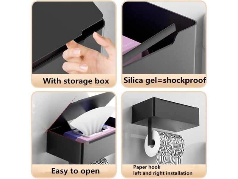  Porte-rouleau de papier toilette support de rangement pour salle de bain avec distributeur de lingettes noir porte-rouleau , noir  - Conforama D