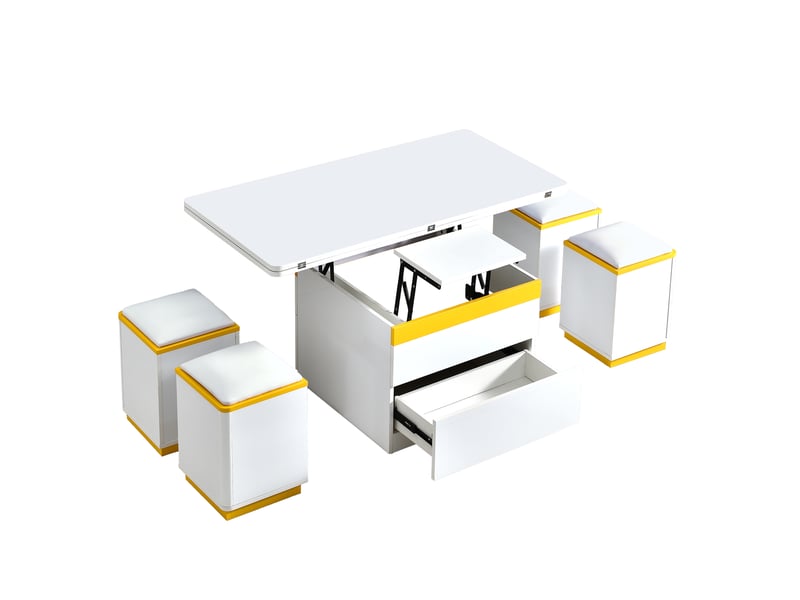  Table basse relevable et extensible avec 4 poufs, table basse moderne brillante, 100x50x43cm  - Conforama E