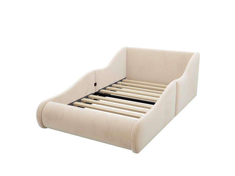  Lit enfant rembourré 90 x 200 cm, tête de lit haute, barrières latérales de sécurité, revêtement velours beige evarich - Conforama D