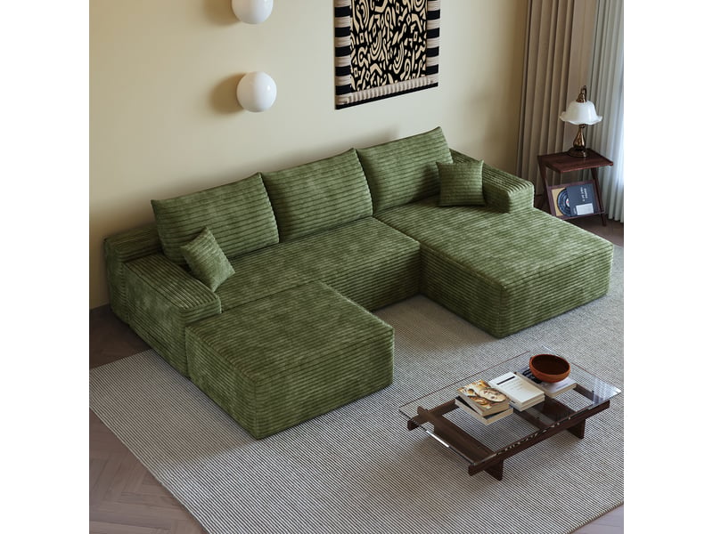  Canapé d'angle droite en l 270cm canapé modulable canapé compressé 3 places en velours côtelé avec pouf méridienne, vert  - Conforama D