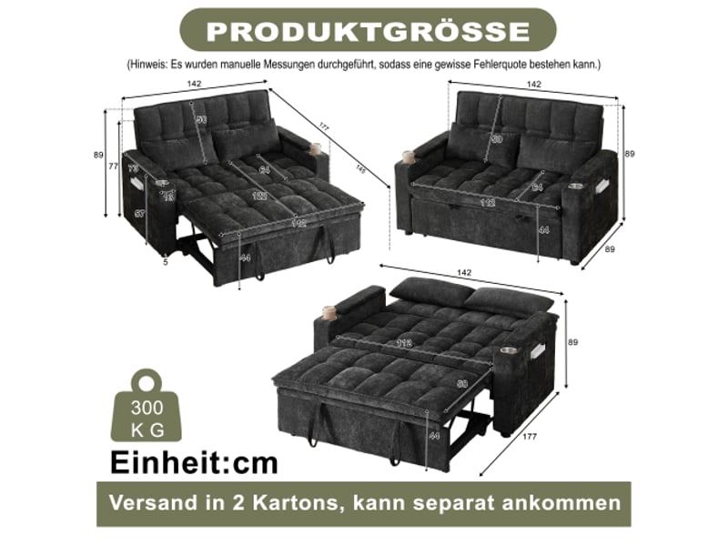  Canapé-lit 3-en-1 142 cm: couchage, coussins moelleux, 2 coussins lombaires, tablette et porte-gobelets  - Conforama C