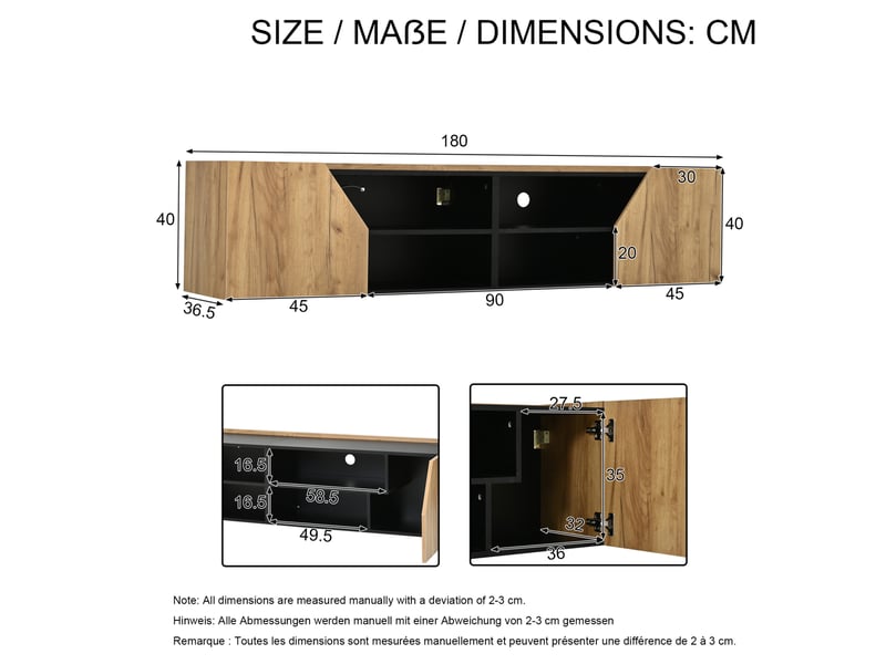  Meuble tv mural 180x36,5x40 cm, 6 rangements, led rgb bluetooth, mdf, panneaux de particules, noir et bois naturel  - Conforama C