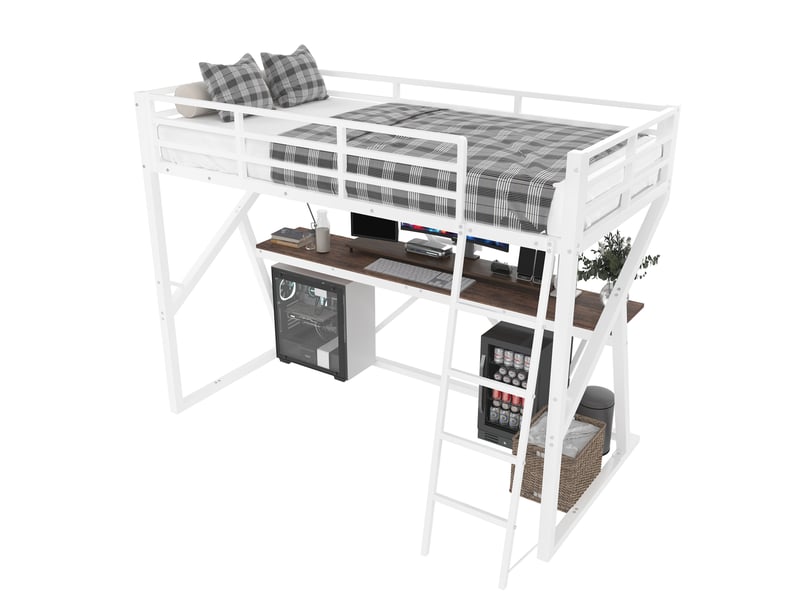  Lit mezzanine enfant 90 x 200 cm blanc avec bureau, échelle, garde-corps et led  - Conforama A