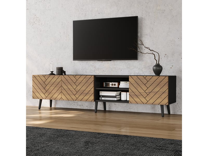  Meuble tv 180 cm pour télévision jusqu'à 75 pouces, meuble tv noir et bois avec rangement, portes et passe-câbles  - Conforama E