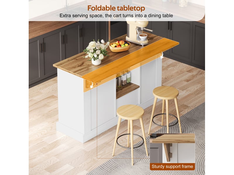  Desserte de cuisine avec 1 tiroir, 3 tiroirs verticaux, étagères réglables et plateau rabattable, 150 × 65 × 80 cm  - Conforama E