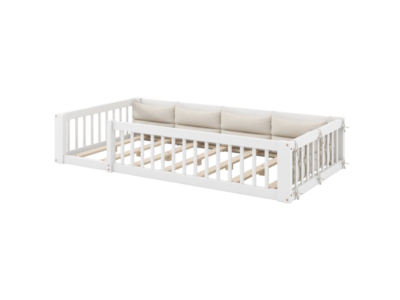 Lit enfant 90x200 cm avec barrières de sécurité et coussins, bois blanc, sans matelas  - Conforama D