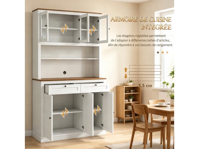  Armoire de cuisine avec étagères ouvertes, blanc et chêne, 100 x 40 x 180 cm  - Conforama E