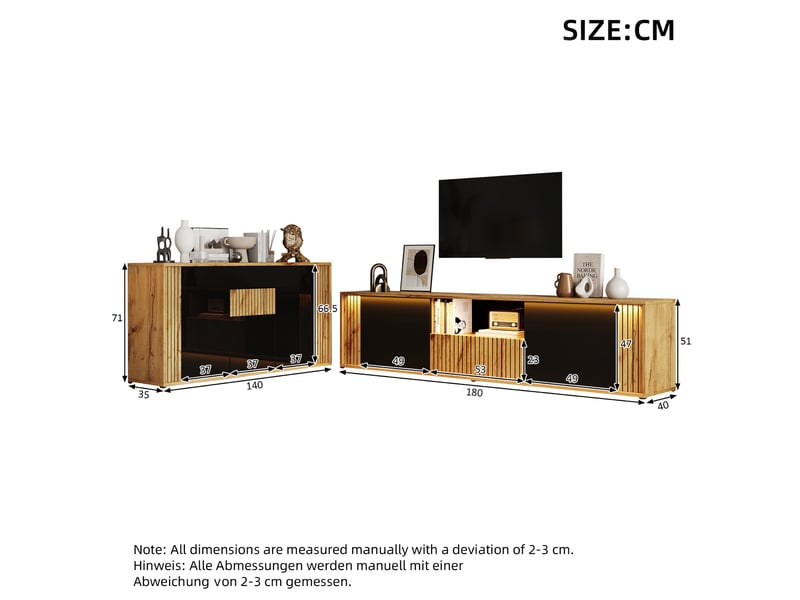 Ensemble meuble tv et buffet 180x40x51 cm et 140x35x71 cm led mdf noir et bois naturel  - Conforama D