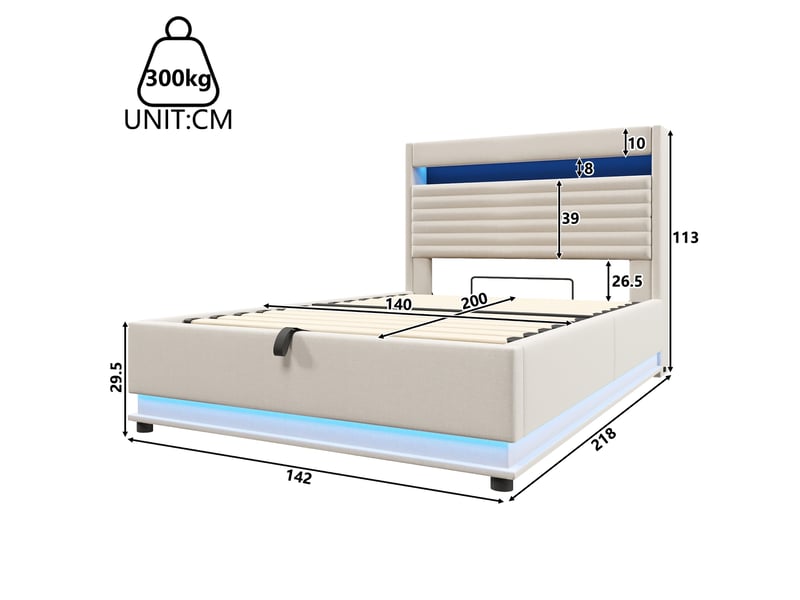  Lit coffre 2 places 140x200 cm avec rangment et led coloris beige  - Conforama C