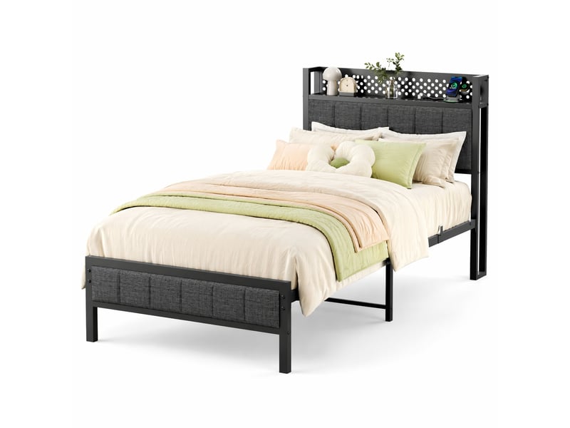  Tcqpz lit 90x200 cm en métal noir avec rangement et ports usb  - Conforama A